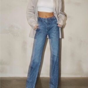 Womens High Waisted Rhinestone Jeans Wide Leg Denim Pants Sparkle Jeans size 8
